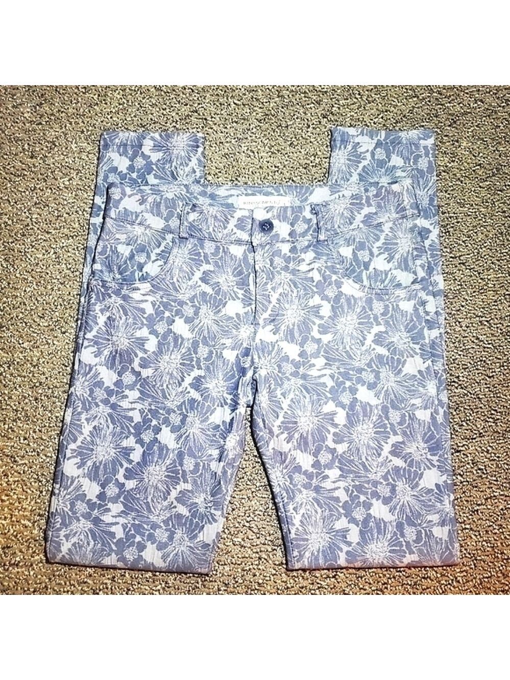 Floral Print Jeans Low Rose Blue Denim Chambray Light Wash Straight Leg Small
